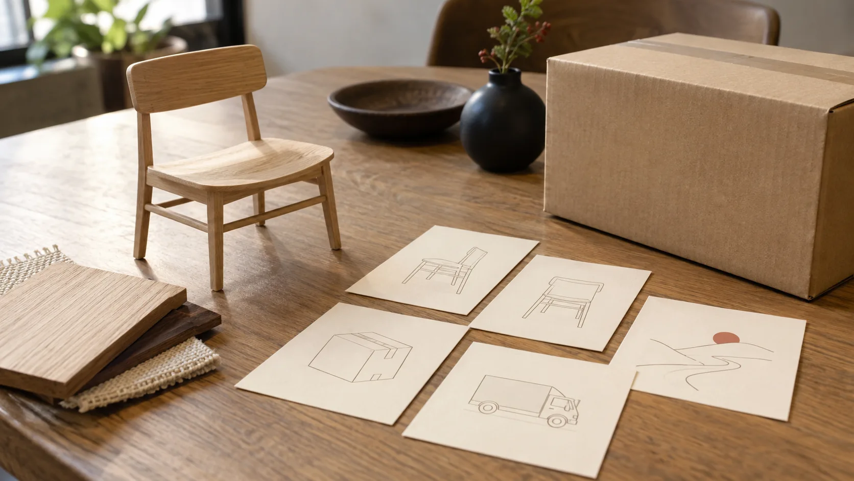 小さな木製の椅子、木材のサンプル、配送用の箱と絵コンテのカード