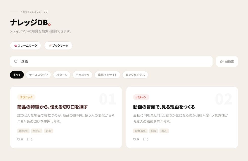 企画に関する知見を検索・閲覧するナレッジDB画面のサンプル