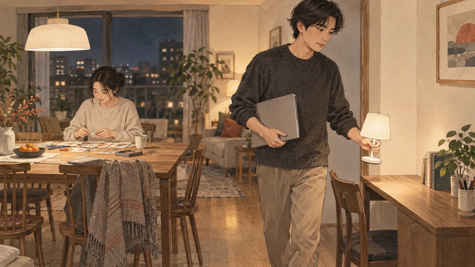 家族が使うダイニングから作業ライトとパソコンを持って席を移す人物