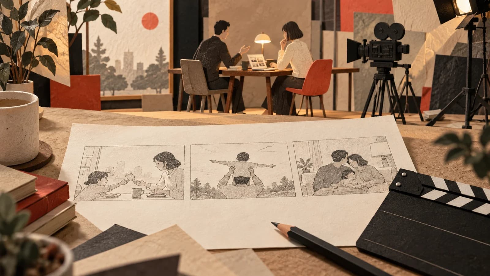 家族の物語を描いた絵コンテとブランドドラマの撮影セットのイメージ