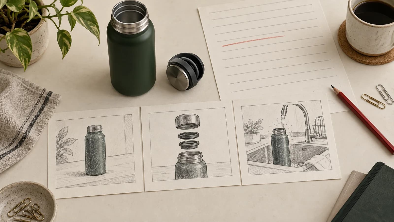 保温ボトルのそばに、ボトルやふたの部品、洗う場面を描いた構成カードを並べた机