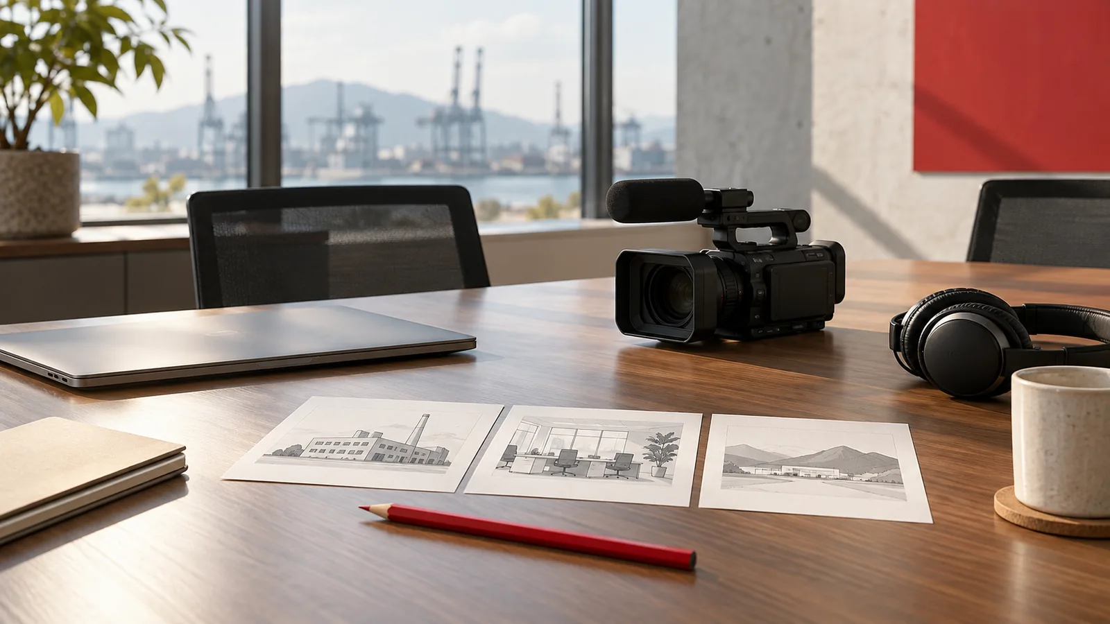 社内広報動画の企画カード、カメラ、閉じたパソコンを置いた机