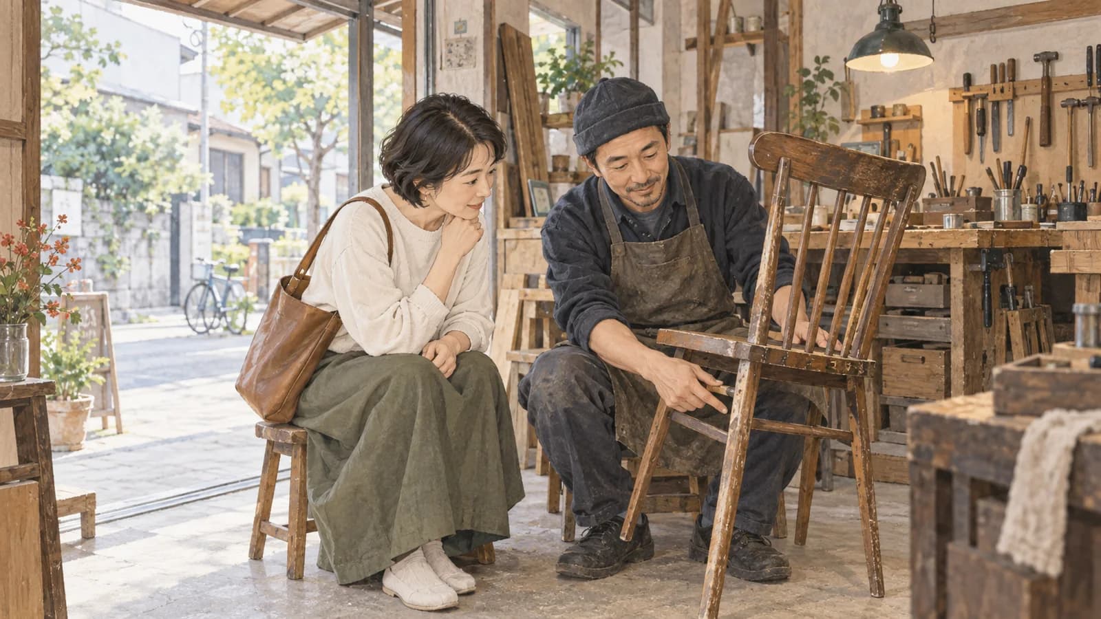 家具修理店で椅子の状態を職人に相談する来店者