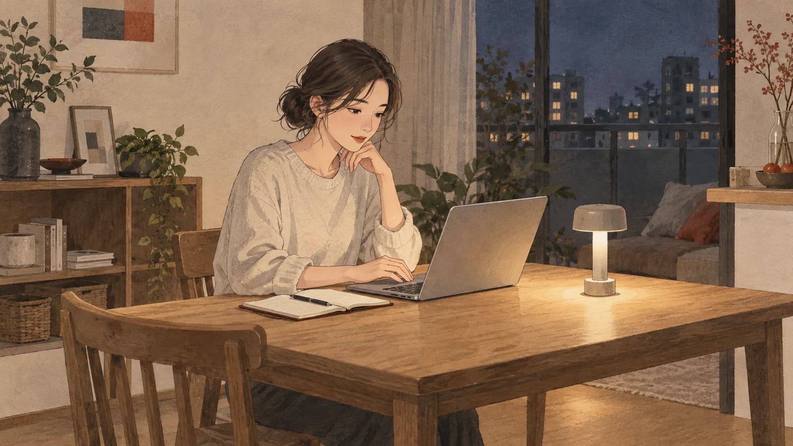 夕食後のダイニングテーブルで小型ライトを使いながらパソコンで作業する人のイラスト