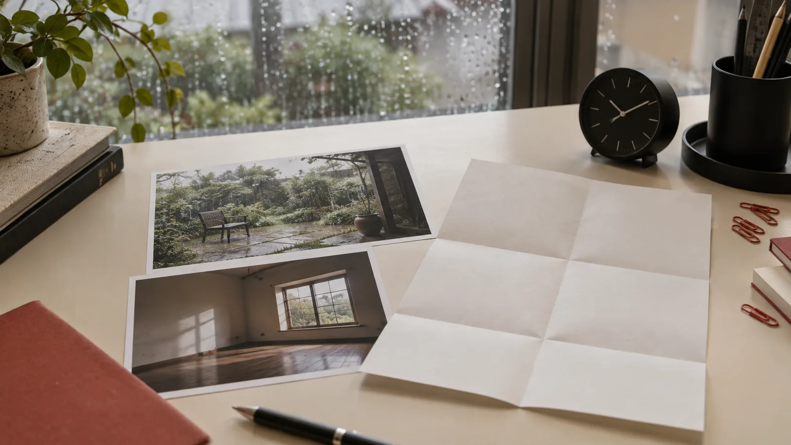 雨の窓辺に置いた庭と室内のロケ写真、制作資料、時計