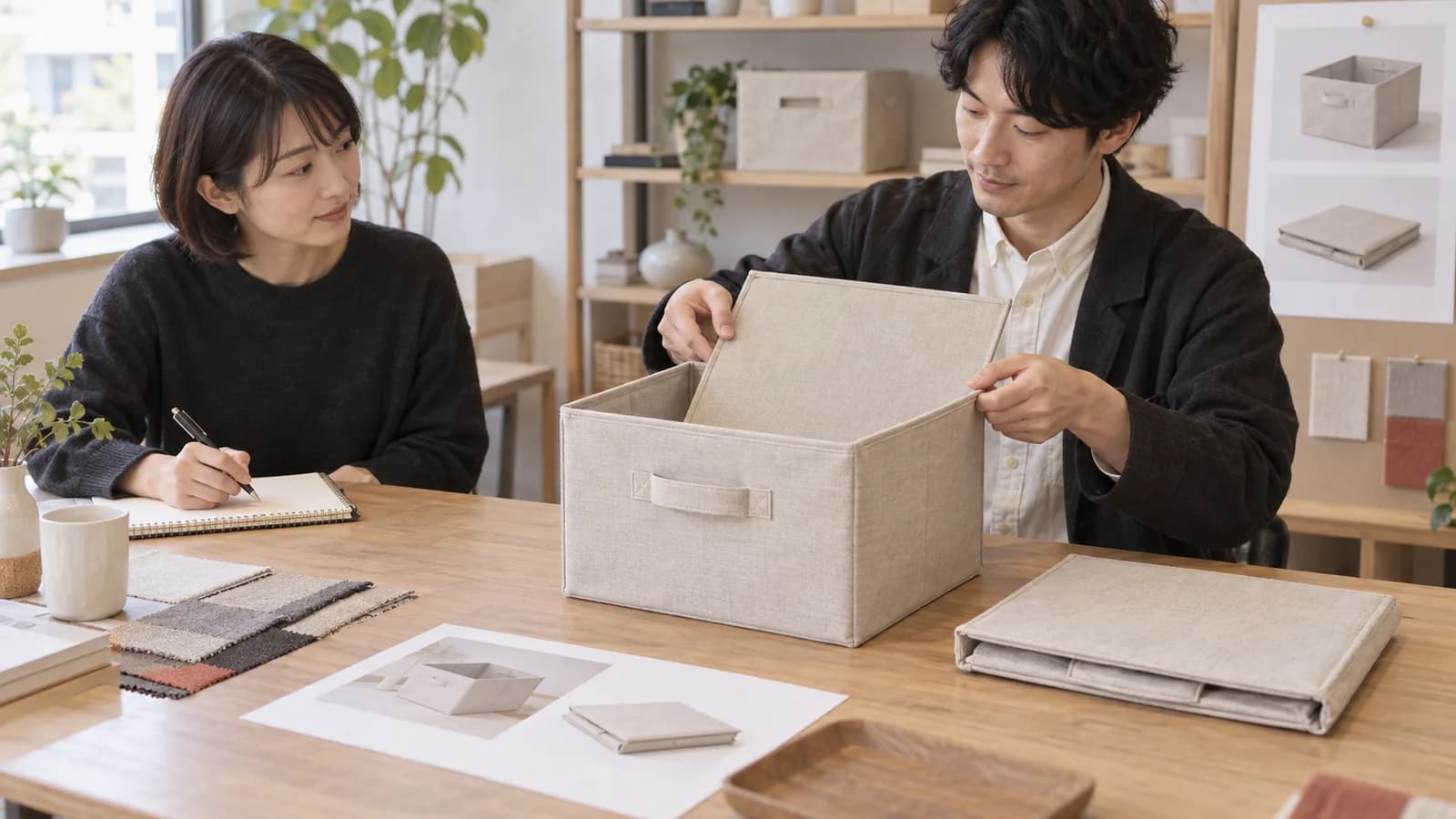 組み立てた収納箱と畳んだ収納箱を並べて使い方を確かめる担当者