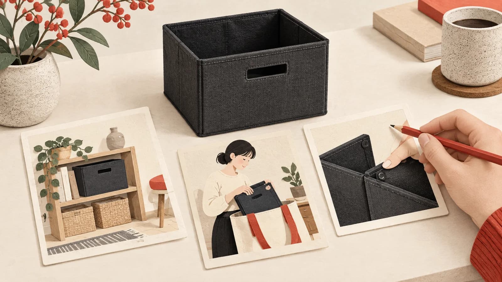 折りたたみ収納箱と異なる使用場面のカードを並べ、PR企画を考えるイメージ