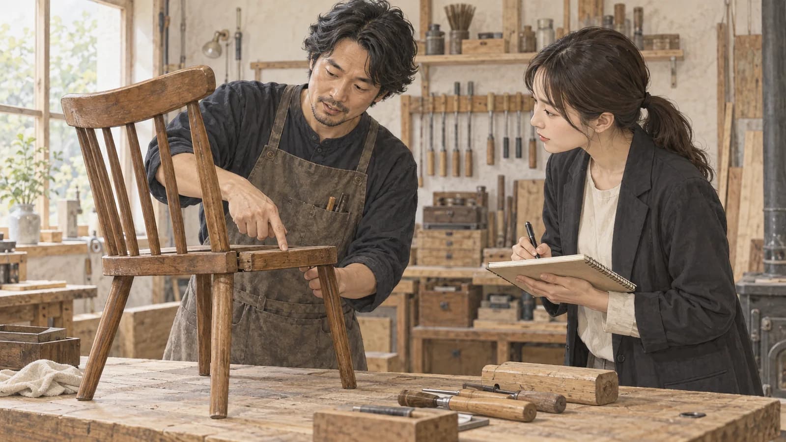 椅子の修理工程について職人に聞き取りをする広報担当者