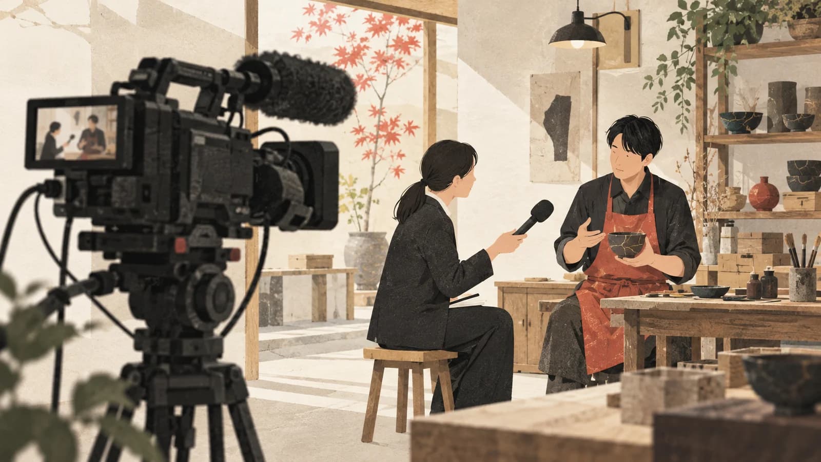 工房でのインタビューをテレビカメラで撮影するイラスト