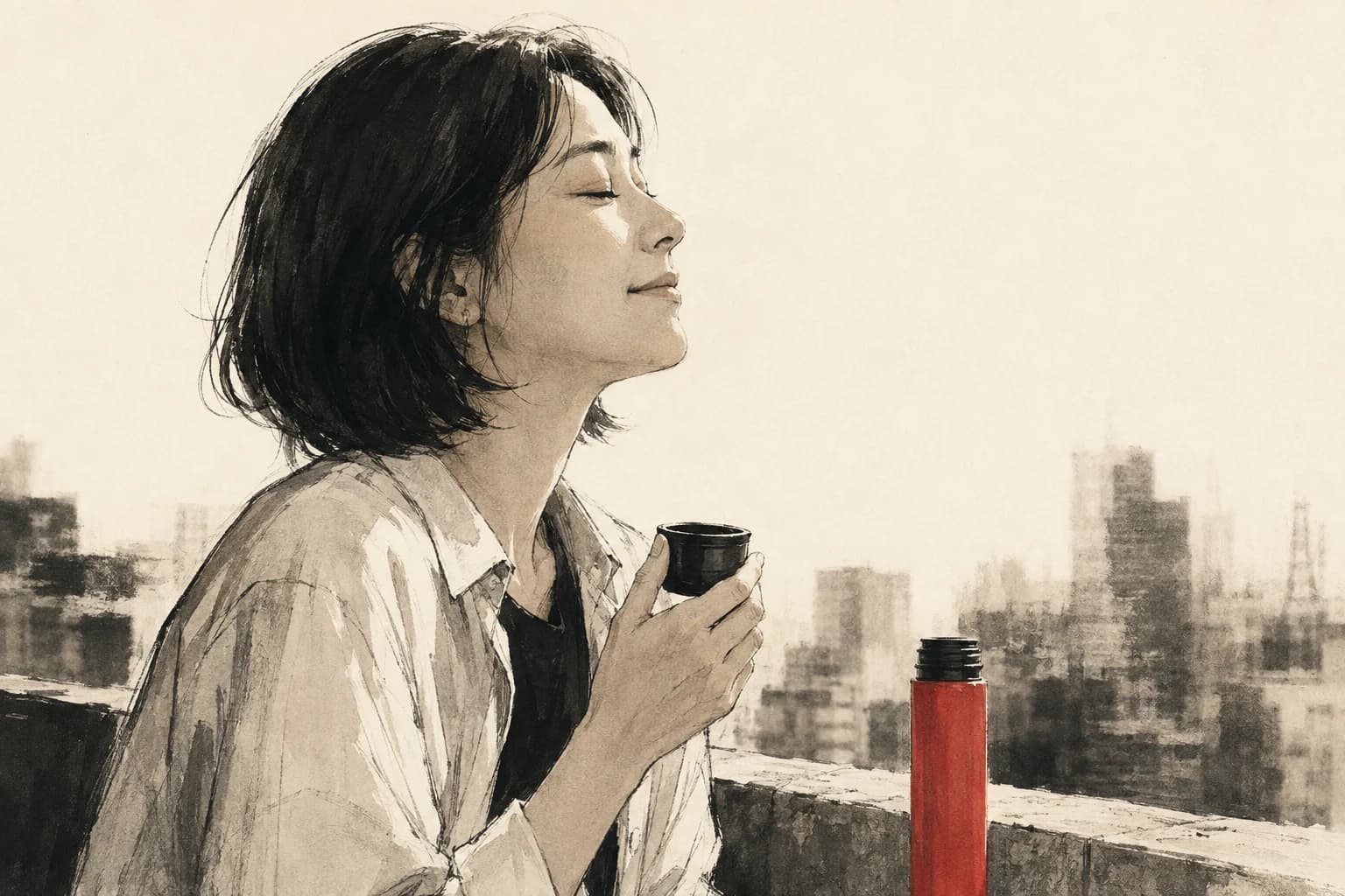 一杯を飲んで目を閉じ、ほっと表情を緩める女性と赤い携帯ボトル